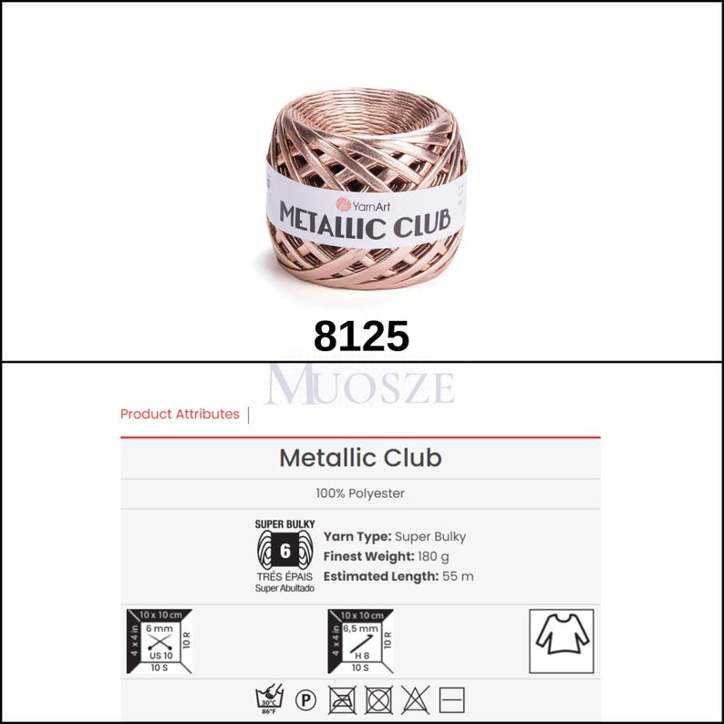 May include: A skein of rose gold metallic yarn called "Metallic Club" by YarnArt. The yarn is super bulky and made of 100% polyester. The skein weighs 180 grams and has an estimated length of 55 meters.