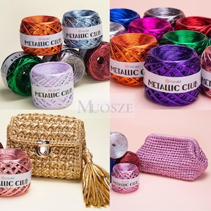 May include: Assortment of metallic yarn in various colors, including gold, silver, purple, green, and pink. The yarn is labeled "Metallic Club" and is arranged in a circle. Two crocheted bags are also shown, one gold and one pink.