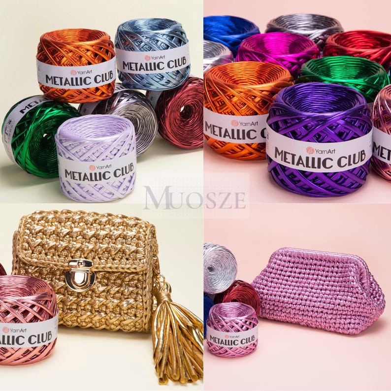 May include: Assortment of metallic yarn in various colors, including gold, silver, purple, green, and pink. The yarn is labeled "Metallic Club" and is arranged in a circle. Two crocheted bags are also shown, one gold and one pink.