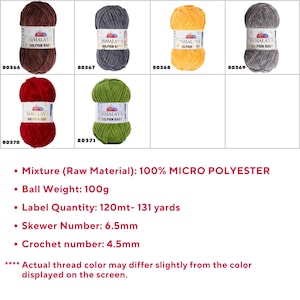May include: Assortment of ten yarn skeins in various colours, including brown, red, grey, green, and yellow. Each skein is labelled "HIMALAYA DOLPHIN BABY" and has a corresponding product code. The yarn is made of 100% micro polyester and weighs 100 grams per skein. The label quantity is 120 metres or 131 yards. The recommended skewer size is 6.5 mm and the crochet hook size is 4.5 mm.