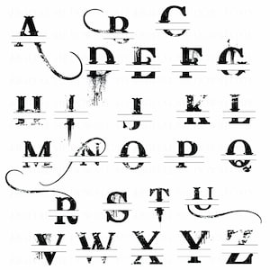 May include: A set of black and white split monogram letters with a distressed, grunge-style design. Each letter is split horizontally with a line in the middle, allowing for the addition of a name or initials.
