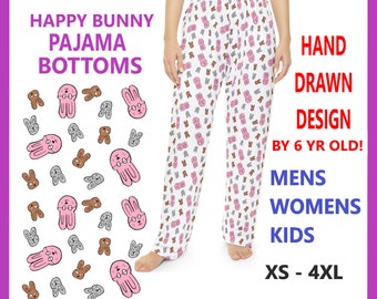 HAPPY BUNNY BEANLZ Pajama Bottoms for all! Hand Drawn design, Great for Easter, lounge pants, winter pants, couples pjs