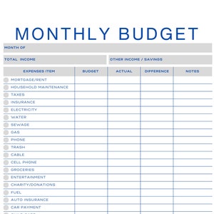 May include: A printable monthly budget worksheet with categories for total income, expenses, other income, and savings. The worksheet includes a list of common expenses such as mortgage, rent, household maintenance, taxes, insurance, electricity, water, sewage, gas, phone, trash, cable, cell phone, groceries, entertainment, charity, fuel, auto insurance, car payment, child care, credit cards, loans, dining out, sporting events, live theater, concerts, and movies.