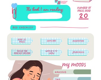 May include: A pink and blue illustration of a bedtime planner with a checklist of activities to do before bed, including reading, skincare, meditation, listening to a podcast, watching TV, and journaling. The planner also includes a section for tracking mood and a calendar.