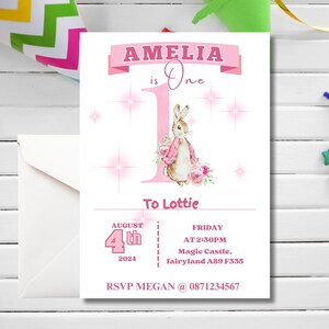 Girl's Pink Bunny Birthday Invitation, Cute First Birthday Invite, Pink Party Decorations, And Name and Age