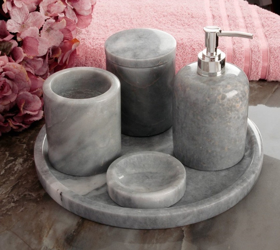 Marble Bathroom Accessory Set Grey Color 5 Piece Natural Stone Etsy