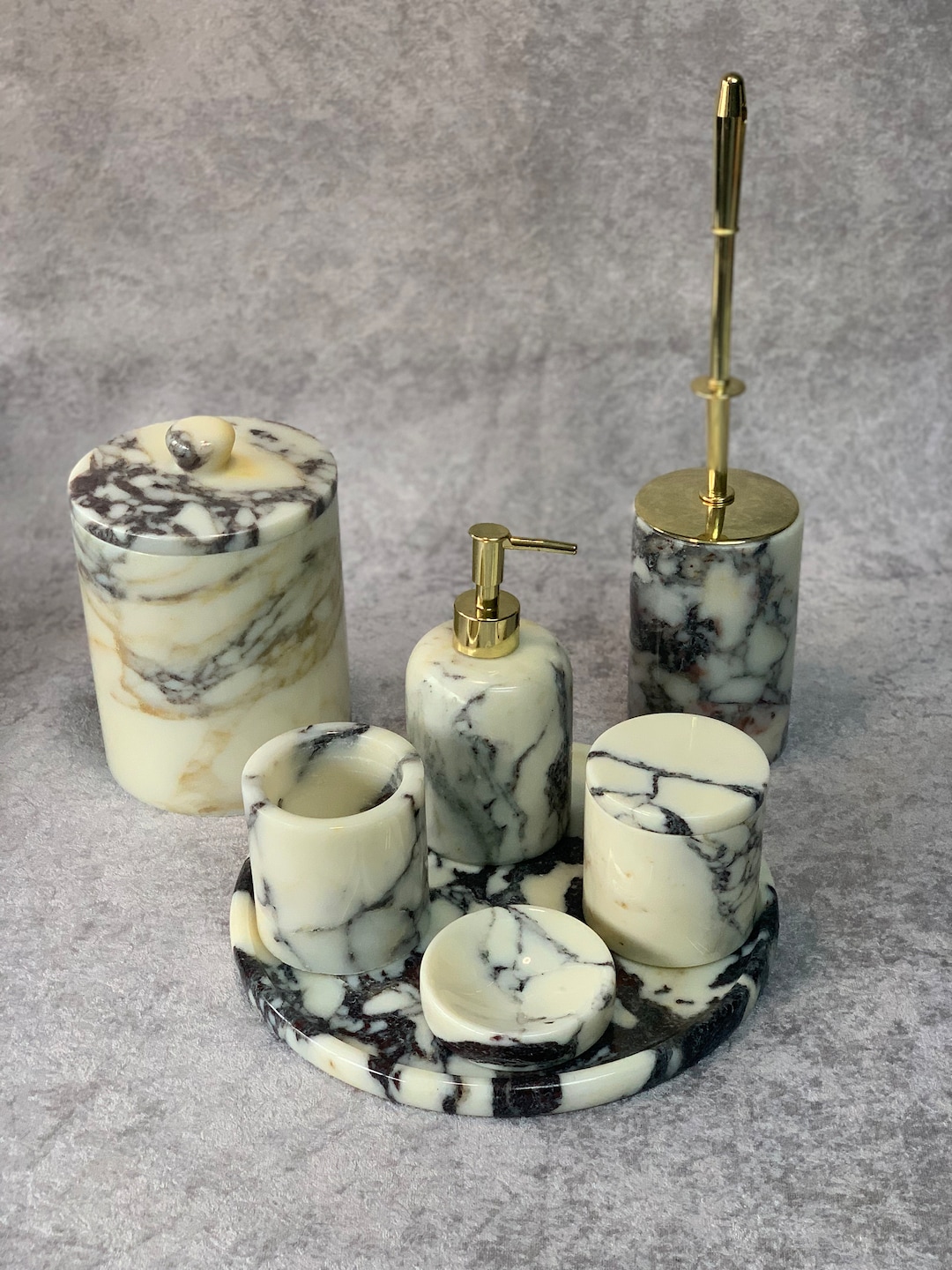 Marble Bathroom Accessory Set Leylack Color 7 Piece Natural Etsy