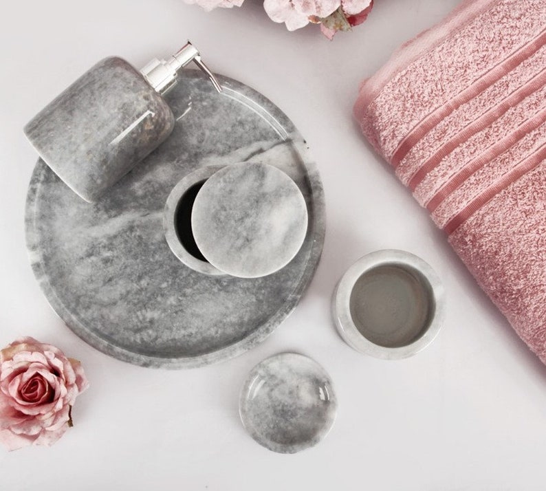 Marble Bathroom Accessory Set Grey Color 5 Piece Natural Stone Etsy