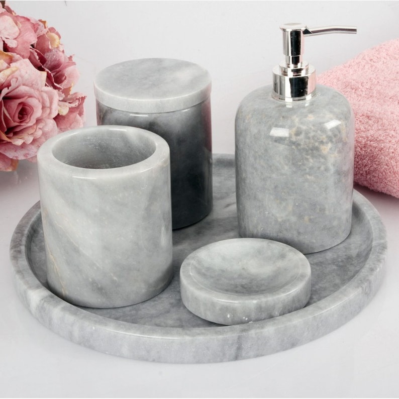 Marble Bathroom Accessory Set Grey Color 5 Piece Natural Stone Etsy