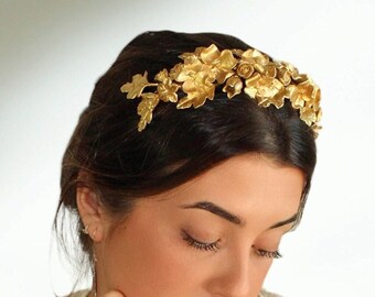 Gold Bridal Headband, Flower Party Diadem, Party Clay Floral Hair Piece, Swarovski Wedding hair piece for bride