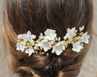 Bridal porcelain hair comb with flowers, Wedding clay floral crystal beads, Dainty medium half crown for bride