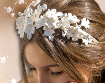 Clay Flower Headband, Bridal Wedding Hair Tiara Crown, White Leaves Flowers, Porcelain Floral Headband