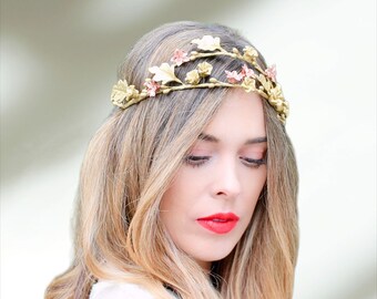 BRIDAL HAIR VINE, Gold Plated Clay Flowers Tiara, Wedding Handmade Floral Headpiece for Bride