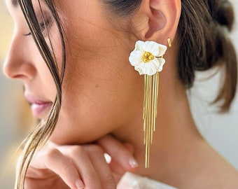 Boho Wedding Jewelry Clay Flower Earrings, Bridal Dangle Earrings for Bride, Gift for Bride