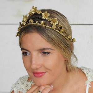 Gold Bridal Tiara, Sparkle Headband, Floral Wedding Headpiece, Porcelain Flower Head Piece, Hair Accessories for Bride, Clay Flower Headband image 1