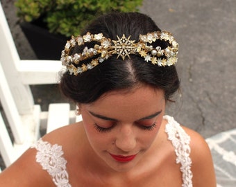 Gold bridal tiara crown with floral jewellery, Celestial wedding headband with crystal beads, Edwardian golden tiara crown for bride
