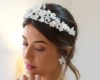 Diadème de mariée fait main - Fleurs en porcelaine délicates pour accessoires de mariage légers