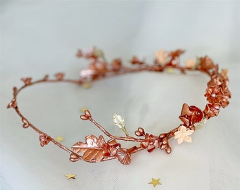 Bridal crown with blush porcelain flowers, Rose gold floral headpiece for bride, Porcelain wedding crown with flowers and leaves