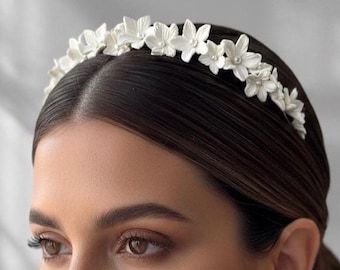 Porcelain Flower Bridal Tiara: Handmade Clay Wedding Headband