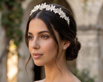 Romantic Porcelain Flower Bridal Tiara, Handmade Floral Wedding Headband for Elegant Bride