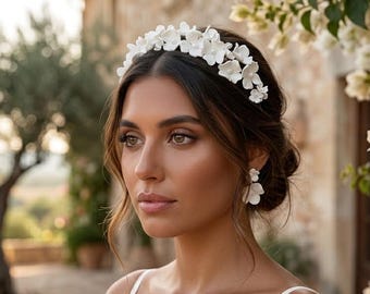 Porcelain Flower Bridal Tiara with Crystal Beads, Handmade Botanical Wedding Headpiece