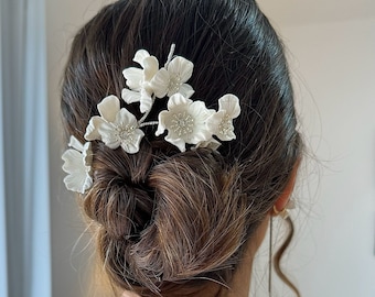 Clay Floral Wedding Hair Vine with Pearls, Boho Bride Hair Accessory, Bridal or Bridesmaid gift