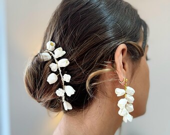 White Porcelain Flowers Hair Vine, Bridal Hair Accessory, Wedding Headband, Gift for Bridesmaid