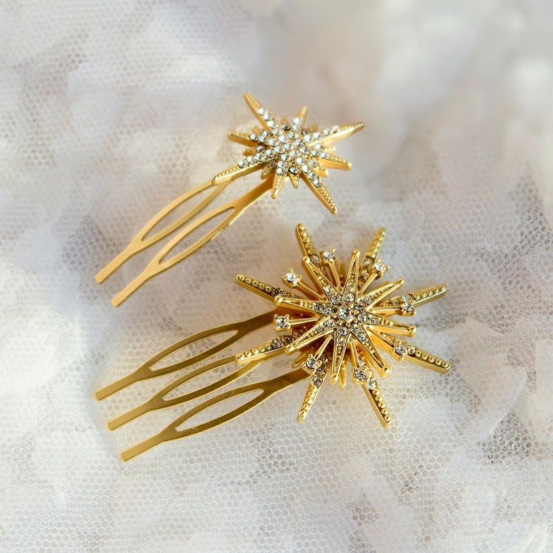 Alfileres de pelo Starburst de oro y plata para un look nupcial celestial, accesorios para el cabello de boda, regalo para la novia Gold