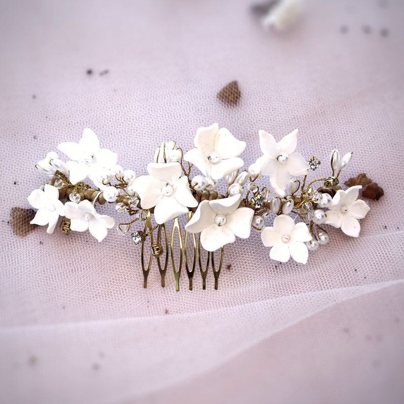 Bridal porcelain hair comb with flowers, Wedding clay floral crystal beads, Dainty medium half crown for bride image 10