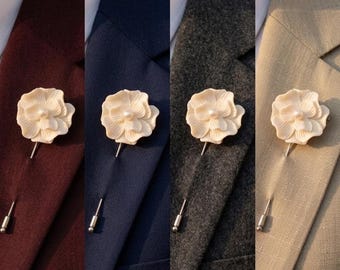 Wedding Party Boutonniere for Men – Pearl White Porcelain Flower Pin, Handmade Polymer Clay Formal Suit Accessory