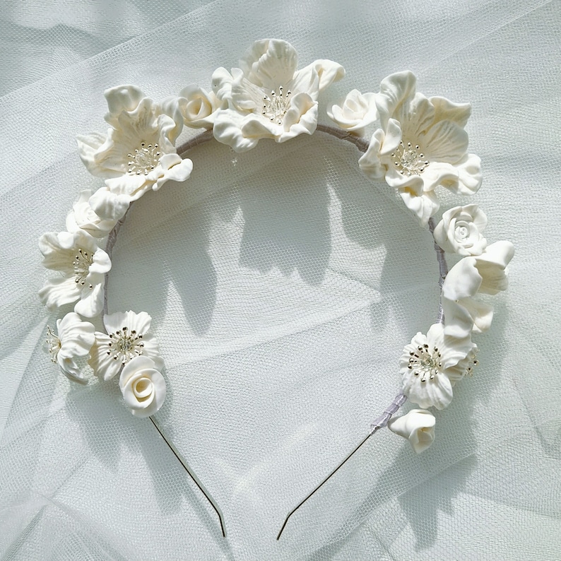 White Floral Wedding Hair Accessories, Bridal Flower Headpiece, Clay Flowers Headband, Wedding Headpiece image 1