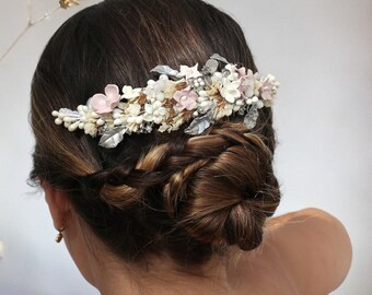 Peigne à cheveux de mariage, peigne à cheveux de mariée fleur de strass, accessoires de cheveux, postiche de peigne de cheveux de demoiselle d'honneur de fleur de porcelaine, cadeau de mariage