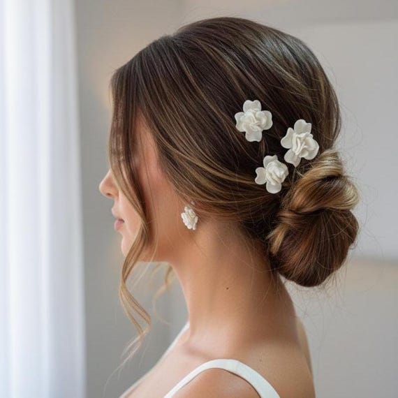 Bridal Porcelain Flower Hair Pins & Earrings Set: Handmade  display picture 2