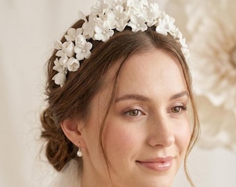 White Bridal Tiara with Porcelain Flowers, Leaves & Pearls: Handmade Wedding Crown