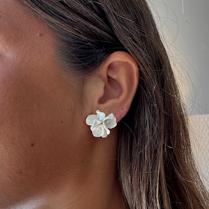 Porcelain Flower Bridal Earrings: Handmade Clay Floral Studs with Pearls