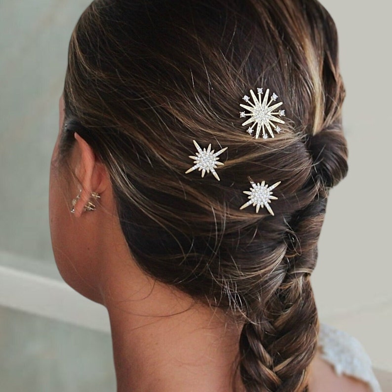 Alfileres de pelo Starburst de oro y plata para un look nupcial celestial, accesorios para el cabello de boda, regalo para la novia image 5