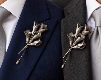 Silver Calla Lily Branch Boutonnieres for Groom & Best Man, Matching Wedding Lapel Pins