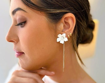 White Flower Polymer Clay Dangle Bridal Earrings - Statement Wedding Jewelry