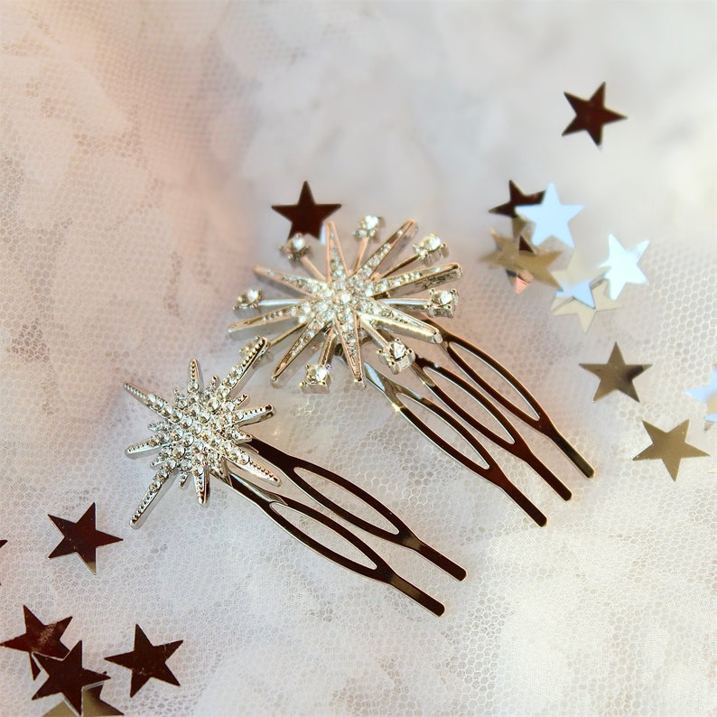 In this image you can see the bridal star bobby hair pins in silver, set of 2