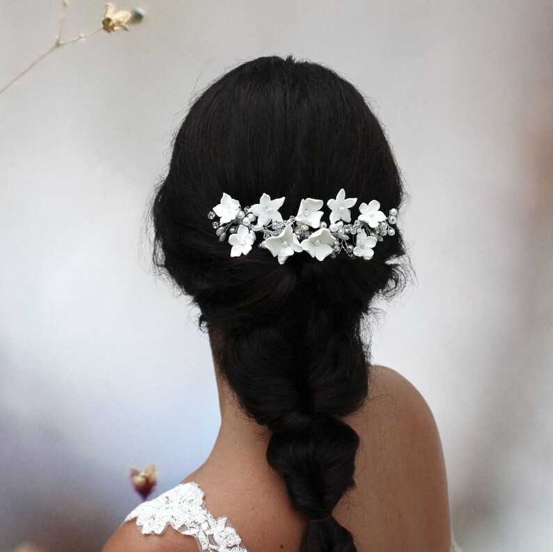 Bridal porcelain hair comb with flowers, Wedding clay floral crystal beads, Dainty medium half crown for bride Silver