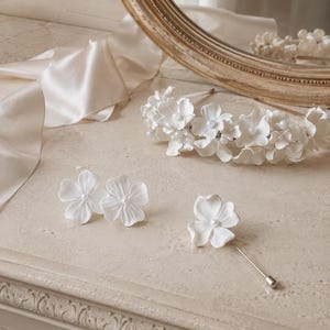 Bridal Accessories Set, Porcelain Flower Wedding Tiara, Floral Stud Earrings, Groom Boutonniere, Botanical Bride Jewelry