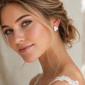 White Pearl Floral Bridal Earrings, Handmade Porcelain Wedding Jewelry for Brides