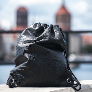 Leather Bag CROCO MAT Black Natural Leather Handmade Backpack