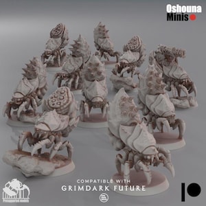 May include: A set of 12 grey, detailed, 3D printed miniature figures of crab-like creatures with multiple legs and a large, bulbous head. The miniatures are compatible with GrimDark Future.