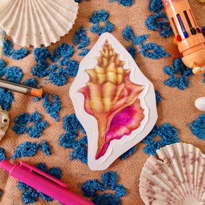 Könnte beinhalten: Nahaufnahme eines Muschel-Aufklebers mit einem rosa-gelben Farbschema. Der Aufkleber befindet sich auf einem weißen Hintergrund und hat eine strukturierte Oberfläche.