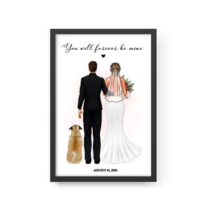 Personalisiertes Hochzeitsportrait, Braut, Bräutigam und Tierportrait, Mr. und Mrs. Geschenk, Hochzeitsgeschenk, Braut, Geschenk für Sie