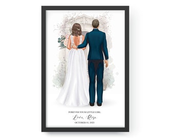 May include: A watercolor illustration of a bride and groom walking away from the camera. The bride is wearing a white wedding dress and the groom is wearing a dark blue suit. The text "FOREVER YOUR LITTLE GIRL Love, Rose OCTOBER 01, 2023" is at the bottom of the image.