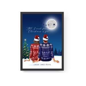Personalized Christmas Couple Portrait, Christmas Young Couple Print, Christmas Together Ornament, Christmas Gift for Girl Friend, Wall Art