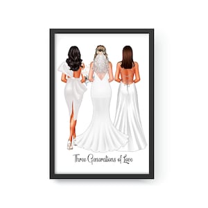 Retrato personalizado de três gerações, retrato de mãe e filha, presente para avó, impressão de casamento, retrato de família, presente de casamento