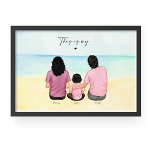 Customized Family Gift, Family at the Beach, New Family Portrait, Personalized Gift, Family Portrait, Family Print, Family Drawing, Wall Art